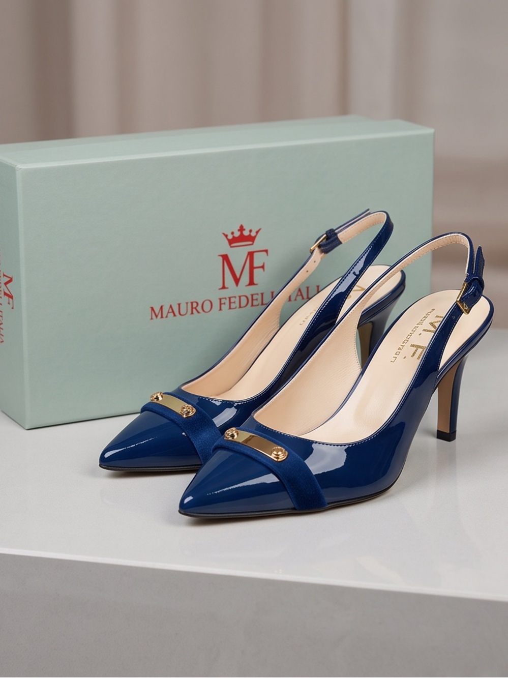 M. F. Collection Women’sNavy Patent Pointed-Toe Slingback Heels with Gold Accent